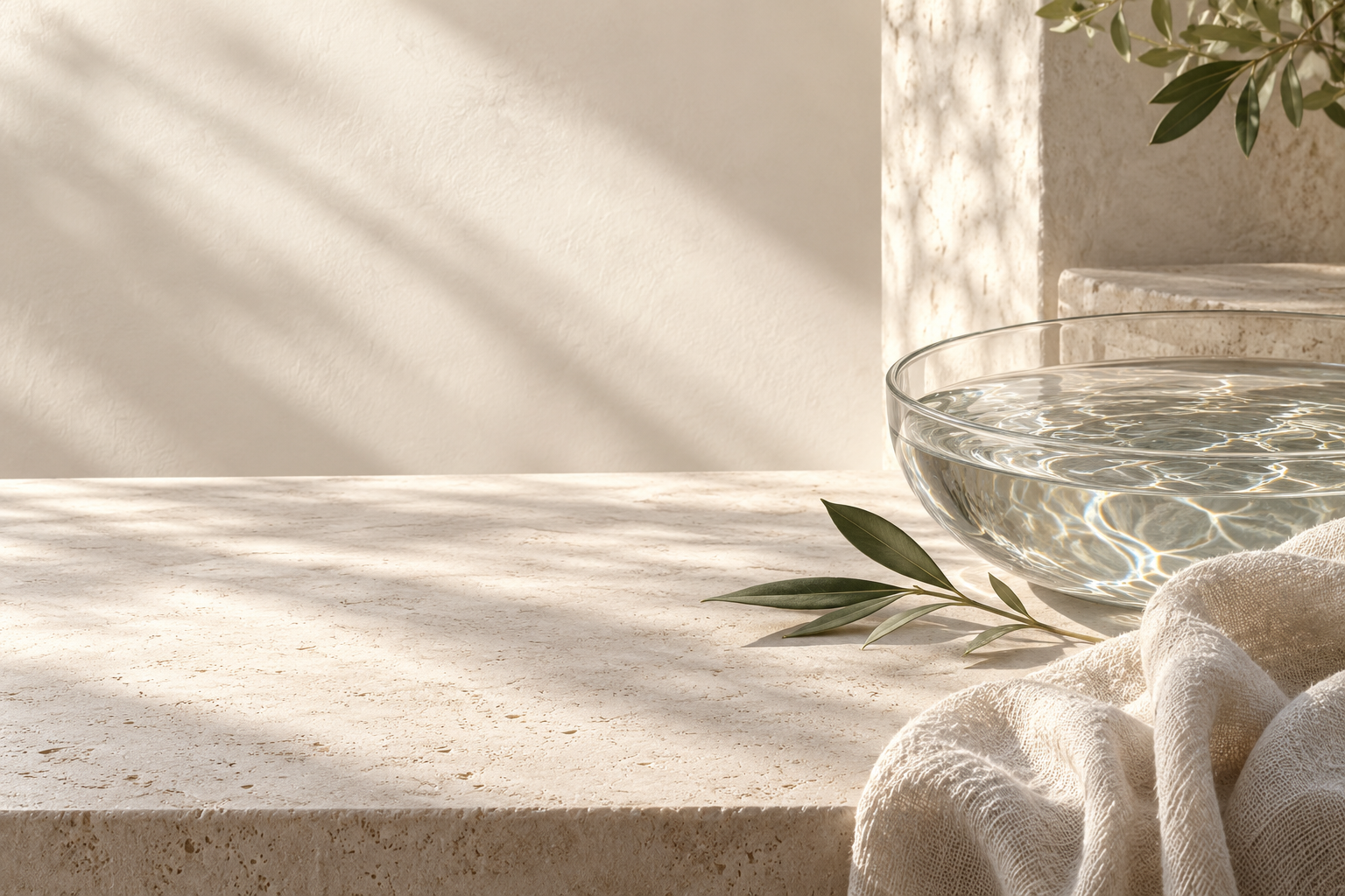Soft natural light, water and linen on a cream stone surface